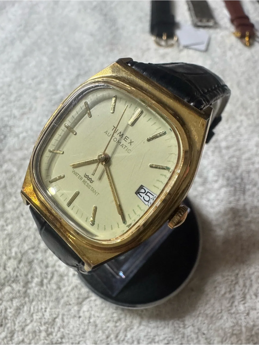 Timex Gold-Tone Case Cream Dial Automatic Watch with Black Strap